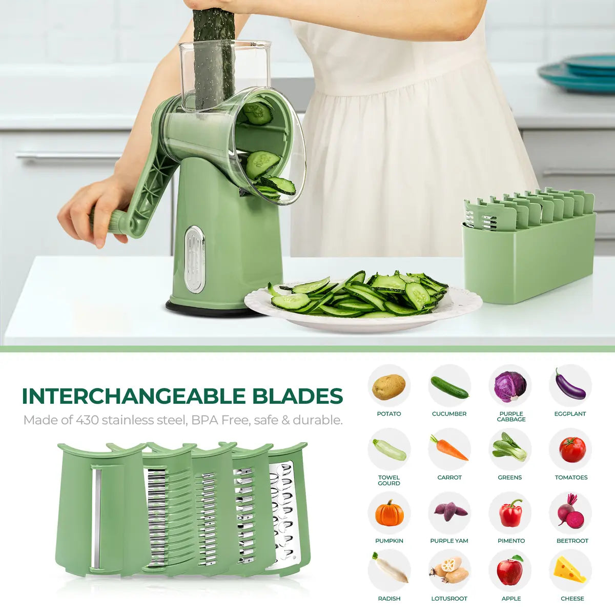 Rotary Cheese Grater & Vegetable Cutter | 5 Interchangeable Blades
